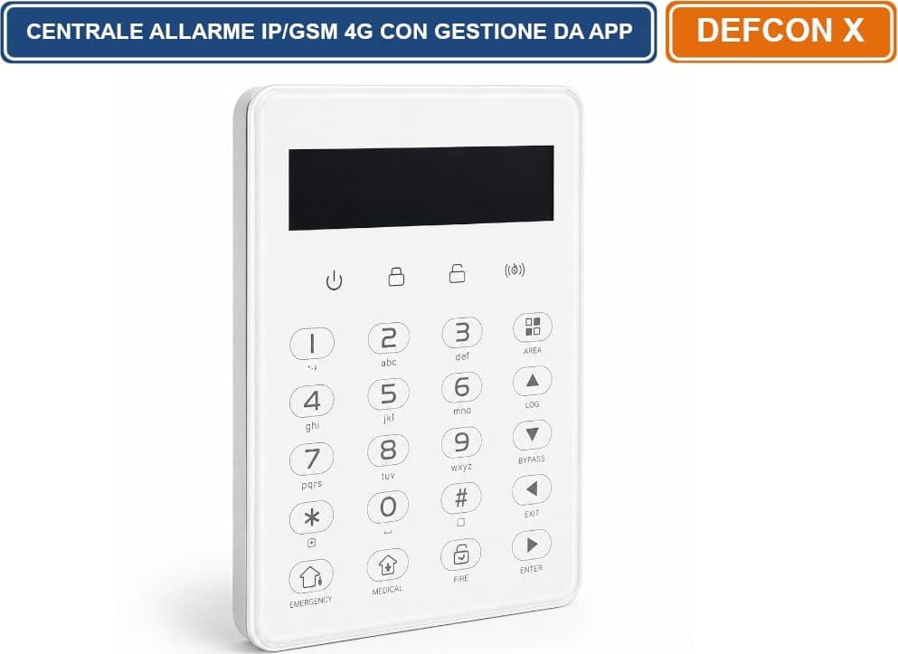 DEFCON X CENTRALE ALLARME IP/GSM 4G WIRELESS E FILARE CON GESTIONE DA APP LAN/GPRS 8 AREE TASTIERA TOUCH - 3