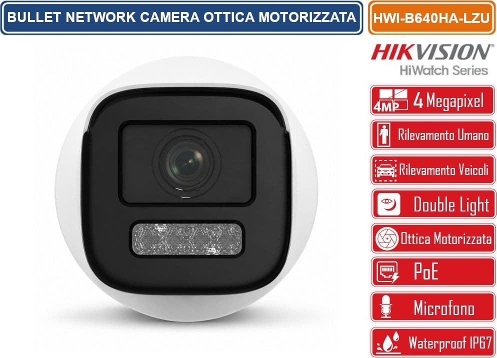 HIKVISION HWI-B640HA-LZU TELECAMERA IP BULLET POE 4MP SMART HYBRID LIGHT OTTICA VARIFOCALE MOTORIZZATA AUDIO INTEGRATO IP67 - 4
