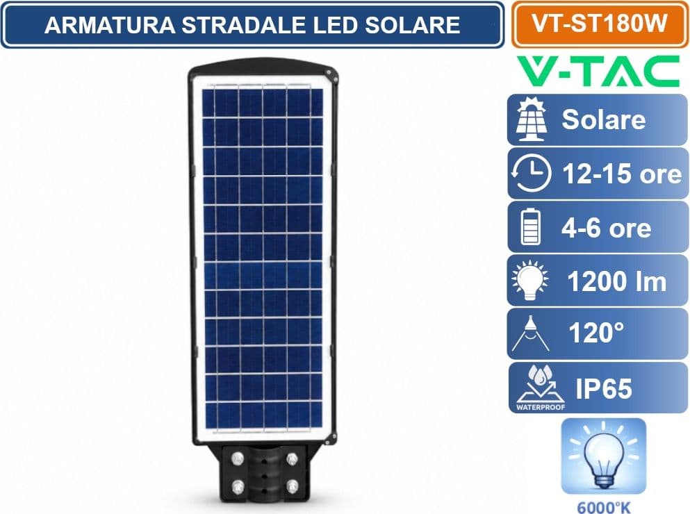 V-TAC ARMATURA STRADALE LED SOLARE 12W 6000K IP65 CON PANNELLO SOLARE, TELECOMANDO, SENSORE RADAR E BATTERIA LIFEPO4 10000MAH - 3