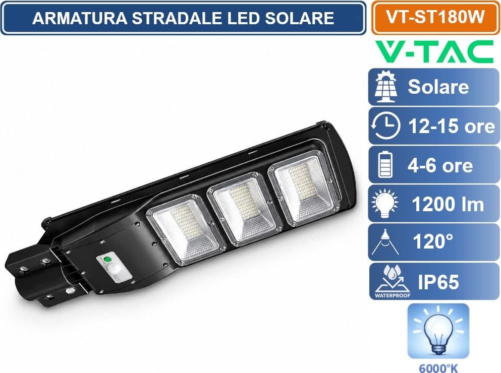 V-TAC ARMATURA STRADALE LED SOLARE 12W 6000K IP65 CON PANNELLO SOLARE, TELECOMANDO, SENSORE RADAR E BATTERIA LIFEPO4 10000MAH - 4