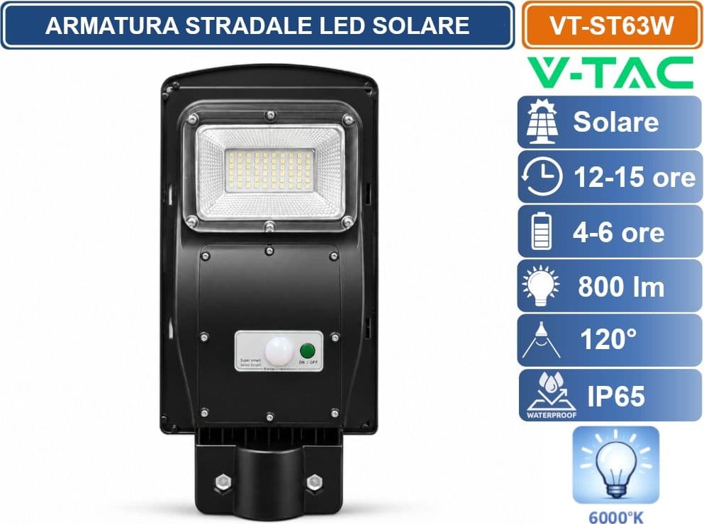 V-TAC ARMATURA STRADALE LED SOLARE 6W 6000K IP65 CON PANNELLO SOLARE, TELECOMANDO, SENSORE RADAR E BATTERIA LIFEPO4 5000MAH - 2