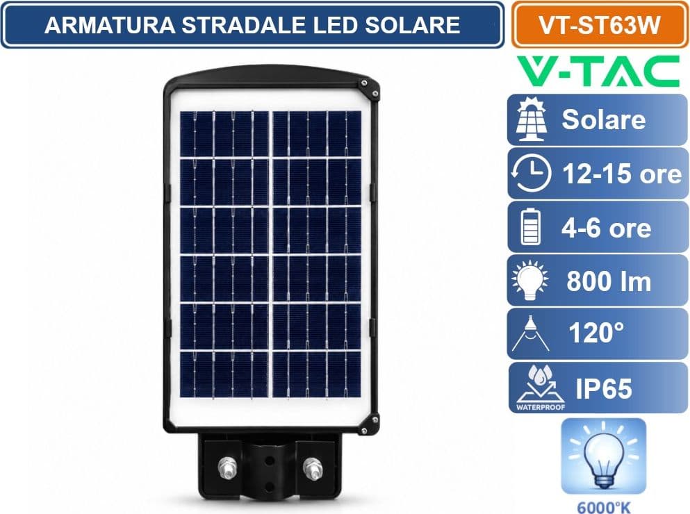 V-TAC ARMATURA STRADALE LED SOLARE 6W 6000K IP65 CON PANNELLO SOLARE, TELECOMANDO, SENSORE RADAR E BATTERIA LIFEPO4 5000MAH - 3