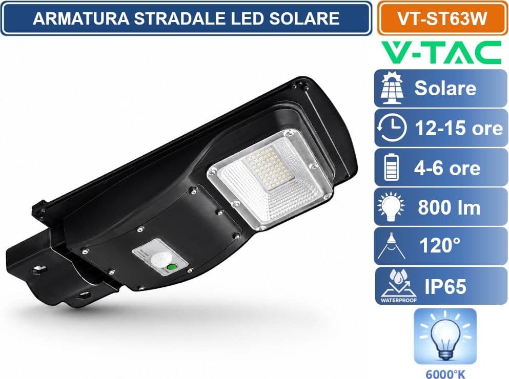 V-TAC ARMATURA STRADALE LED SOLARE 6W 6000K IP65 CON PANNELLO SOLARE, TELECOMANDO, SENSORE RADAR E BATTERIA LIFEPO4 5000MAH - 4