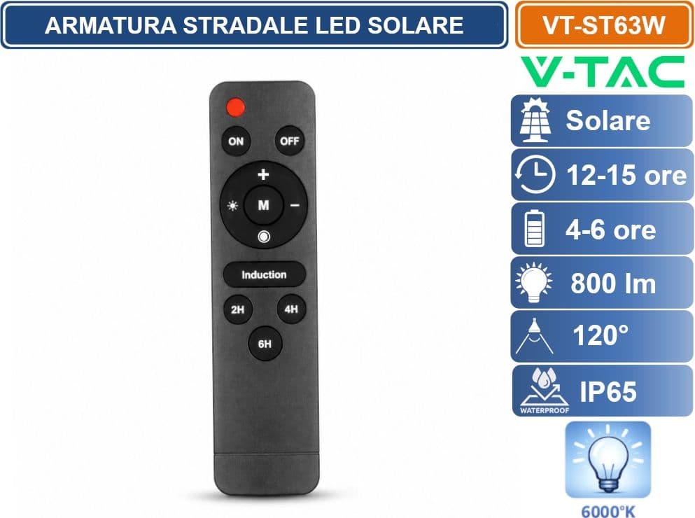 V-TAC ARMATURA STRADALE LED SOLARE 6W 6000K IP65 CON PANNELLO SOLARE, TELECOMANDO, SENSORE RADAR E BATTERIA LIFEPO4 5000MAH - 5