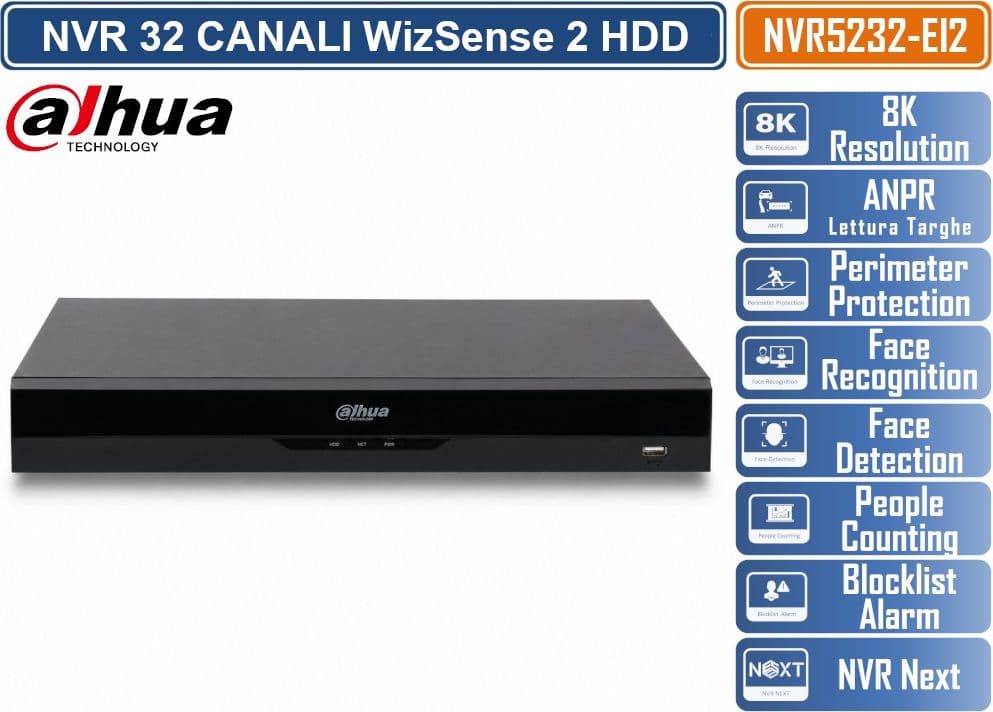 DAHUA DHI-NVR5232-EI2 NVR WIZSENSE 32 CANALI 1U, 2 HDD SATA, HDMI 8K, AI INTEGRATA, ACUPICK, SMD PLUS E SUPPORTO TELECAMERE IP FINO A 32 MP - 2