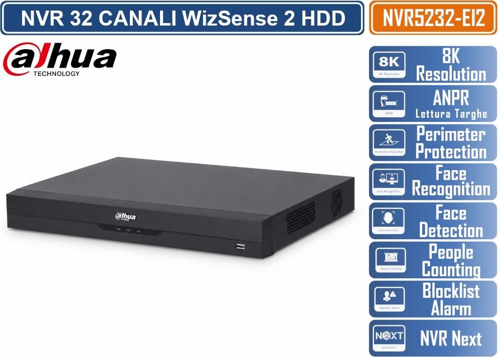 DAHUA DHI-NVR5232-EI2 NVR WIZSENSE 32 CANALI 1U, 2 HDD SATA, HDMI 8K, AI INTEGRATA, ACUPICK, SMD PLUS E SUPPORTO TELECAMERE IP FINO A 32 MP - 3