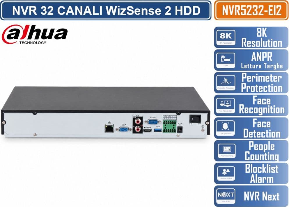 DAHUA DHI-NVR5232-EI2 NVR WIZSENSE 32 CANALI 1U, 2 HDD SATA, HDMI 8K, AI INTEGRATA, ACUPICK, SMD PLUS E SUPPORTO TELECAMERE IP FINO A 32 MP - 4