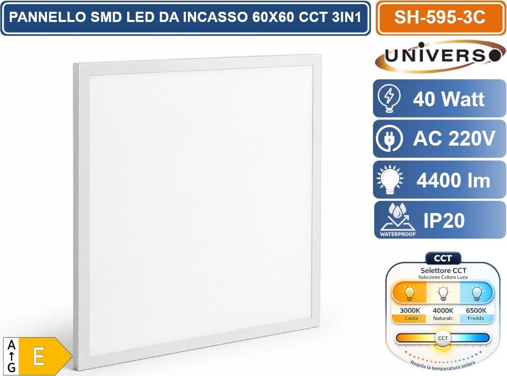 UNIVERSO SH-595-3C PANNELLO SMD LED QUADRATO 60X60 40W DA INCASSO CON DRIVER PHILIPS E CCT SWITCH CAMBIO LUCE 3000K 4000K 6500K - 2