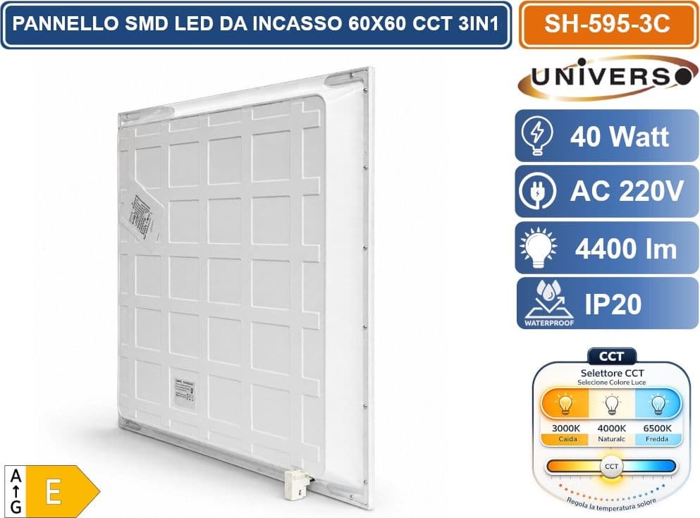UNIVERSO SH-595-3C PANNELLO SMD LED QUADRATO 60X60 40W DA INCASSO CON DRIVER PHILIPS E CCT SWITCH CAMBIO LUCE 3000K 4000K 6500K - 3