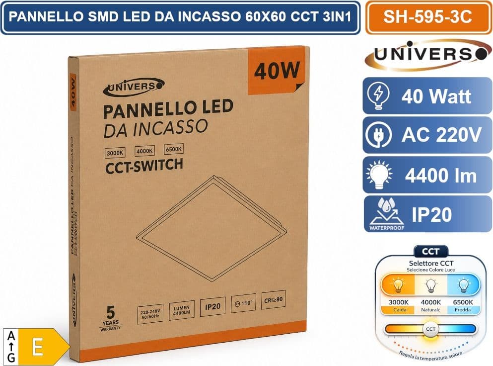 UNIVERSO SH-595-3C PANNELLO SMD LED QUADRATO 60X60 40W DA INCASSO CON DRIVER PHILIPS E CCT SWITCH CAMBIO LUCE 3000K 4000K 6500K - 5