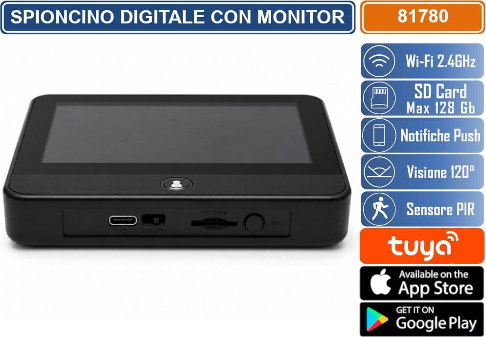 SPIONCINO DIGITALE SMART WIFI CON DISPLAY LCD 4,3” TELECAMERA HD VISIONE NOTTURNA SENSORE PIR E APP TUYA - 4
