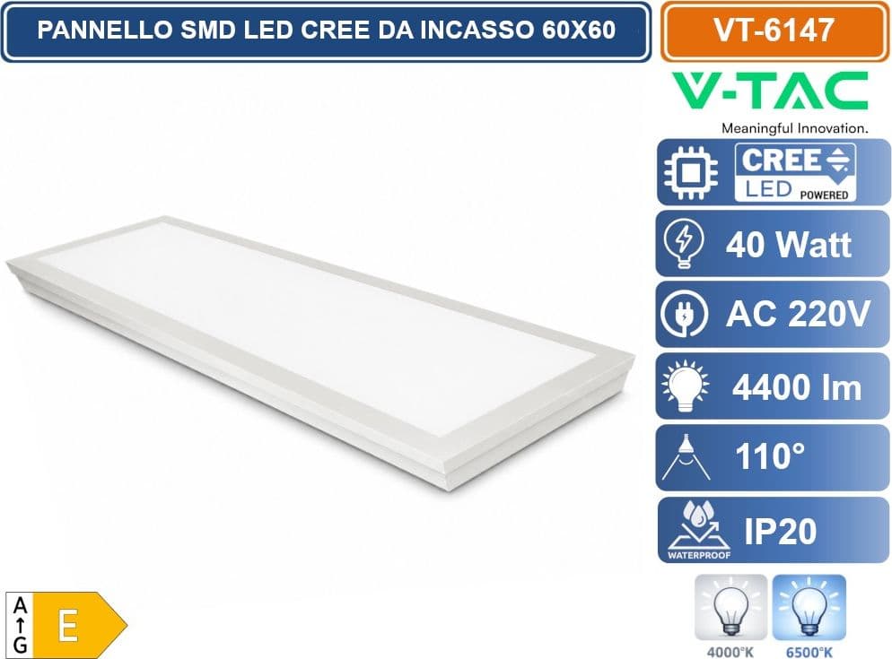 V-TAC VT-6147 PANNELLO LED RETTANGOLARE 120X30 40W SMD CHIP CREE 2IN1 A SUPERFICIE E INCASSO 4000K 6500K - 2