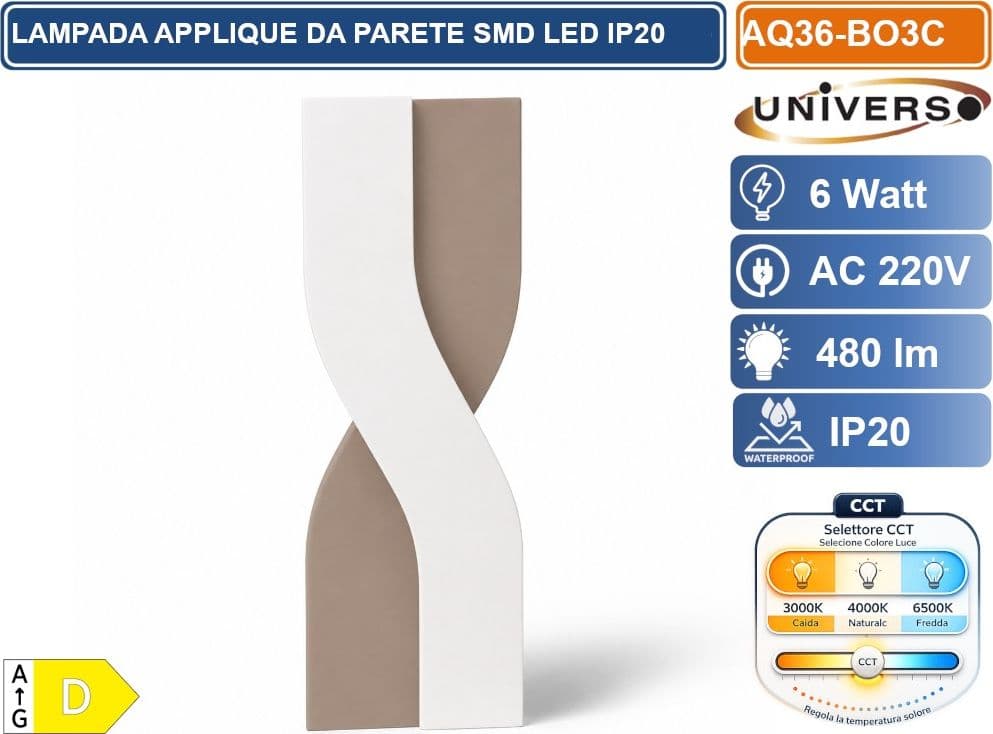 UNIVERSO AQ36-OS3C LAMPADA DA PARETE LED  6W CCT SWITCH CON SELEZIONE LUCE 3000K 4000K 6500K 480LM IP20 - 2