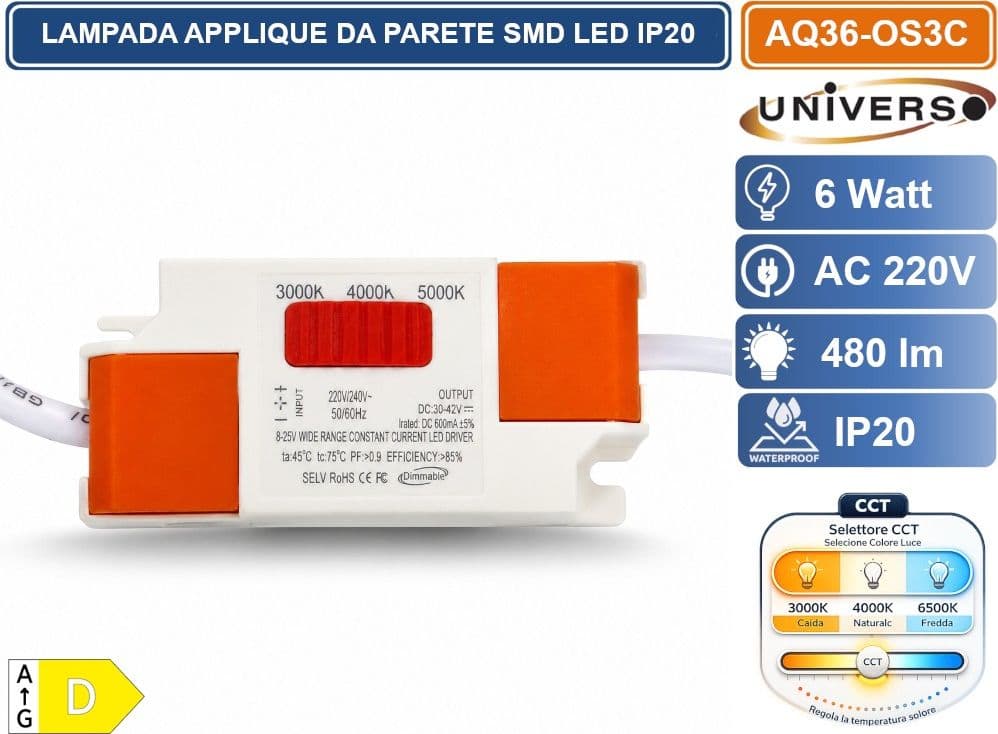 UNIVERSO AQ36-OS3C LAMPADA DA PARETE LED  6W CCT SWITCH CON SELEZIONE LUCE 3000K 4000K 6500K 480LM IP20 - 4