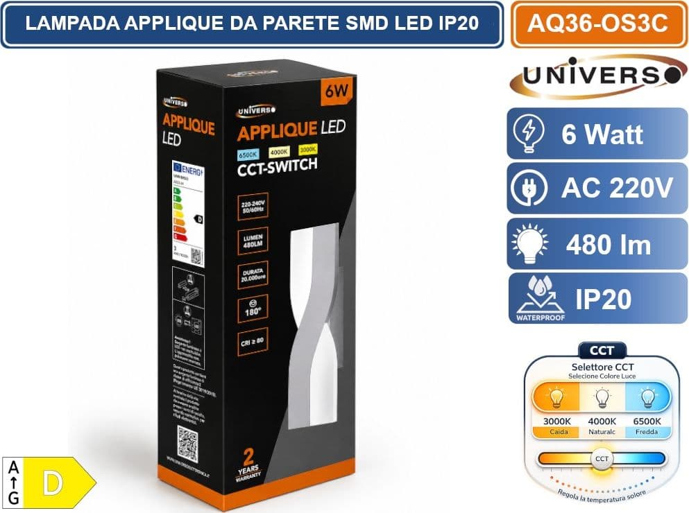 UNIVERSO AQ36-OS3C LAMPADA DA PARETE LED  6W CCT SWITCH CON SELEZIONE LUCE 3000K 4000K 6500K 480LM IP20 - 5