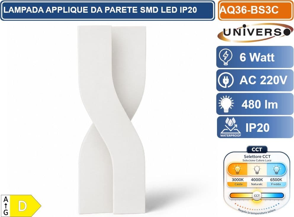 UNIVERSO AQ36-BS3C LAMPADA DA PARETE LED  6W CCT SWITCH CON SELEZIONE LUCE 3000K 4000K 6500K 480LM IP20 - 2
