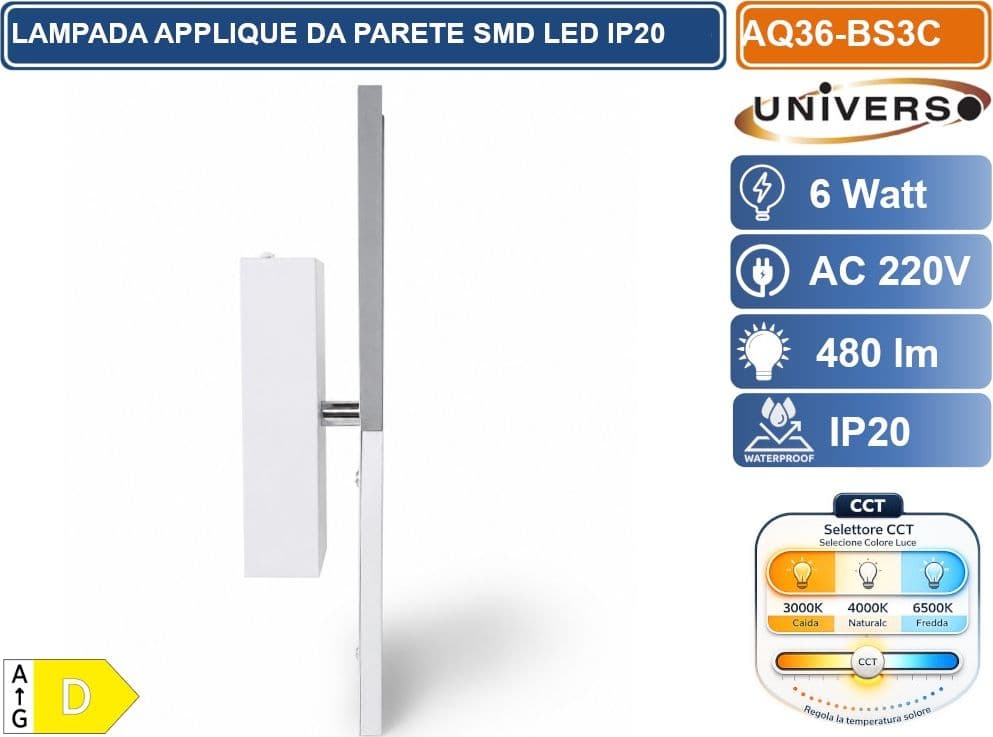 UNIVERSO AQ36-BS3C LAMPADA DA PARETE LED  6W CCT SWITCH CON SELEZIONE LUCE 3000K 4000K 6500K 480LM IP20 - 3