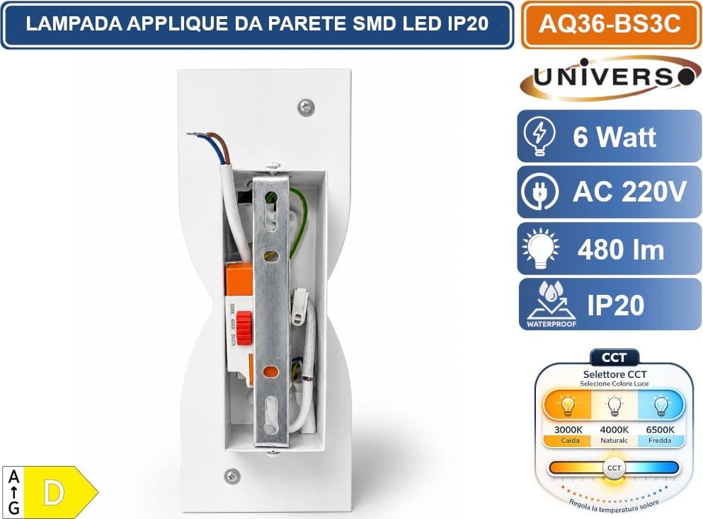 UNIVERSO AQ36-BS3C LAMPADA DA PARETE LED  6W CCT SWITCH CON SELEZIONE LUCE 3000K 4000K 6500K 480LM IP20 - 4