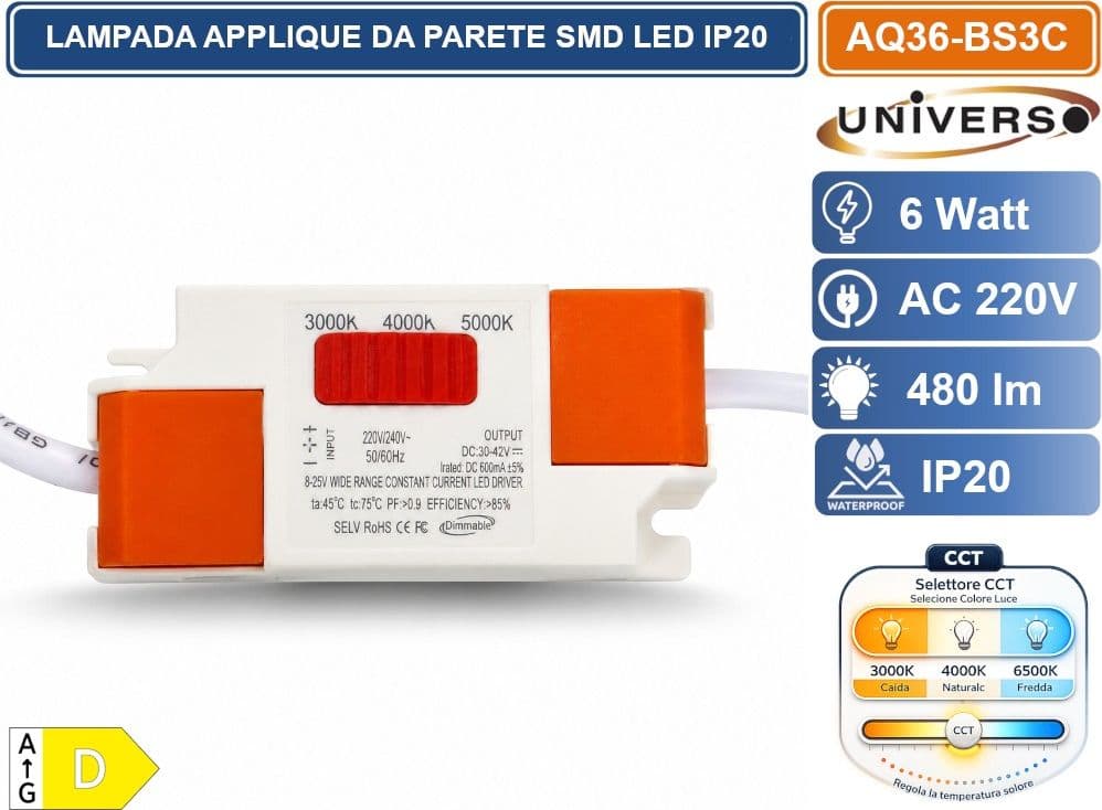 UNIVERSO AQ36-BS3C LAMPADA DA PARETE LED  6W CCT SWITCH CON SELEZIONE LUCE 3000K 4000K 6500K 480LM IP20 - 5