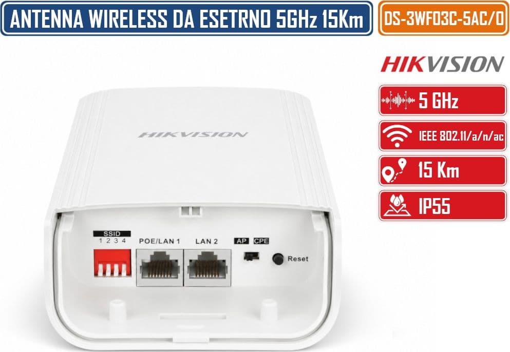 HIKVISION DS-3WF03C-5AC/O V3 BRIDGE WIRELESS OUTDOOR CPE 5 GHZ 867 MBPS FINO A 15 KM CON ANTENNA 12 DBI PORTE GIGABIT E POE PASSIVO - 3