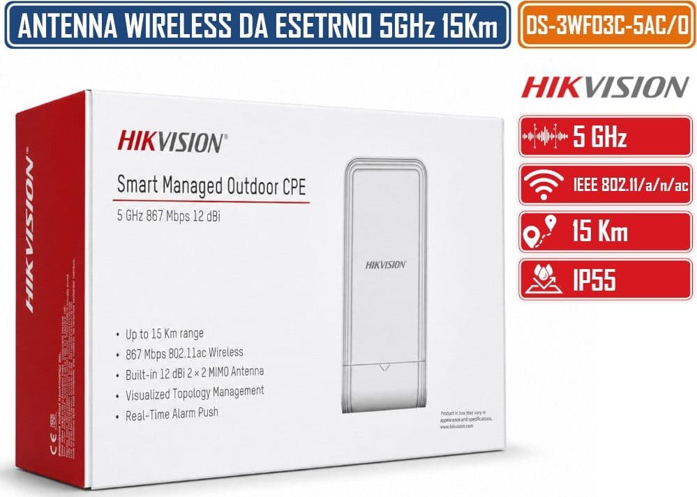 HIKVISION DS-3WF03C-5AC/O V3 BRIDGE WIRELESS OUTDOOR CPE 5 GHZ 867 MBPS FINO A 15 KM CON ANTENNA 12 DBI PORTE GIGABIT E POE PASSIVO - 5