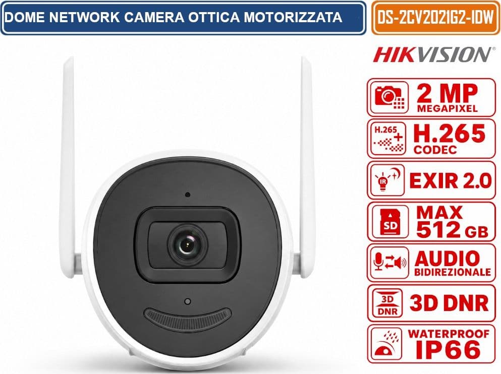 HIKVISION DS-2CV2021G2-IDW TELECAMERA IP BULLET WI-FI 2 MP FULL HD AUDIO BIDIREZIONALE H.265+ MICROSD FINO A 512 GB IP66 - 3