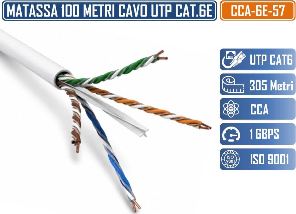 CCA-6E-57 MATASSA BOBINA CAVO DI RETE 305 METRI ETHERNET UTP CAT 6 4X2 AWG 23 LAN RJ45 CCA - 2