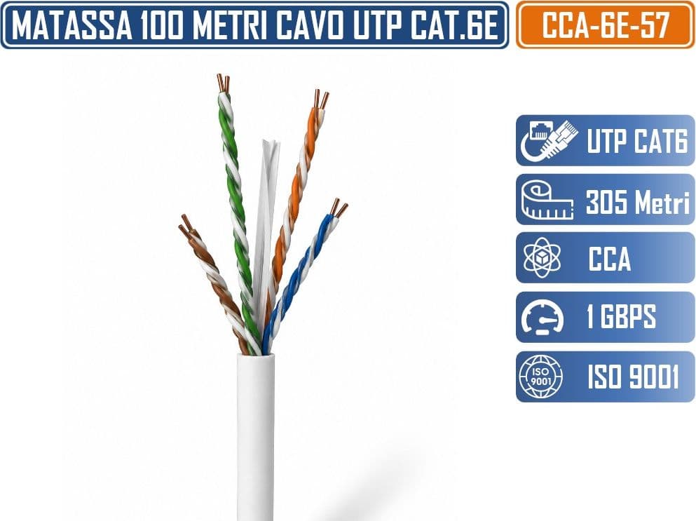 CCA-6E-57 MATASSA BOBINA CAVO DI RETE 305 METRI ETHERNET UTP CAT 6 4X2 AWG 23 LAN RJ45 CCA - 3