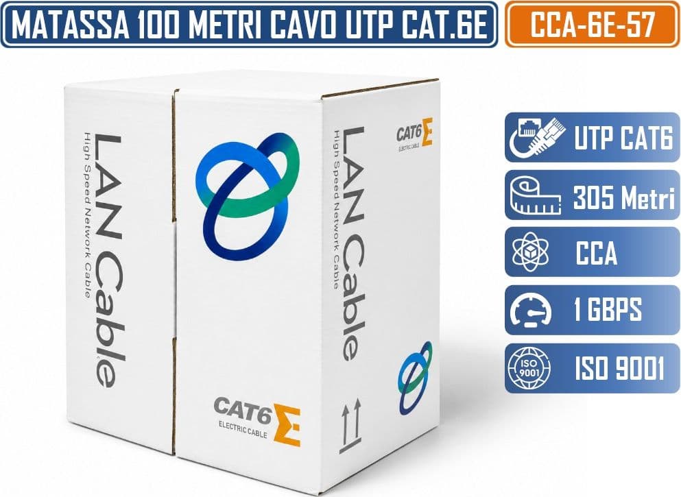 CCA-6E-57 MATASSA BOBINA CAVO DI RETE 305 METRI ETHERNET UTP CAT 6 4X2 AWG 23 LAN RJ45 CCA - 4