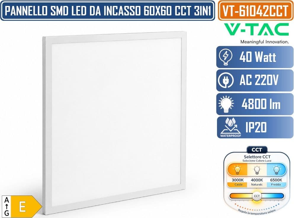 V-TAC VT-61042CCT PANNELLO LED QUADRATO 60X60 40W SMD A INCASSO CON DRIVER STARSENSE CAMBIA COLORE LUCE CCT 3IN1 - SKU 24324 - 2
