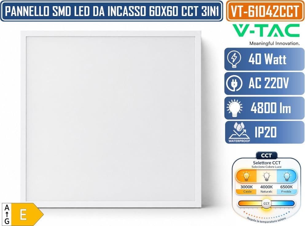 V-TAC VT-61042CCT PANNELLO LED QUADRATO 60X60 40W SMD A INCASSO CON DRIVER STARSENSE CAMBIA COLORE LUCE CCT 3IN1 - SKU 24324 - 3