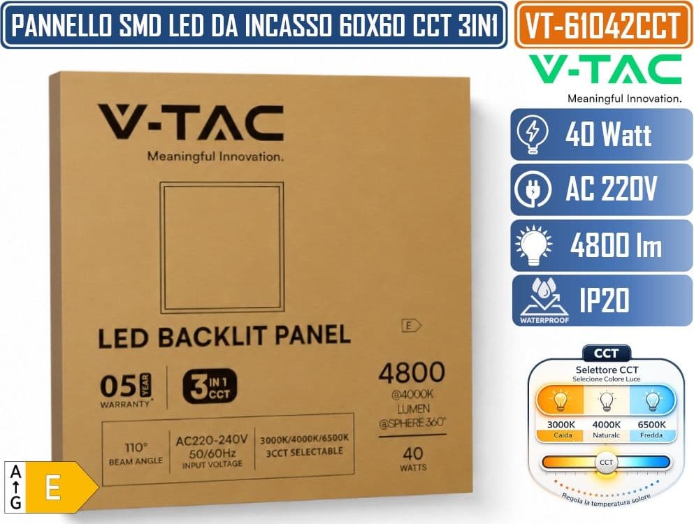 V-TAC VT-61042CCT PANNELLO LED QUADRATO 60X60 40W SMD A INCASSO CON DRIVER STARSENSE CAMBIA COLORE LUCE CCT 3IN1 - SKU 24324 - 4