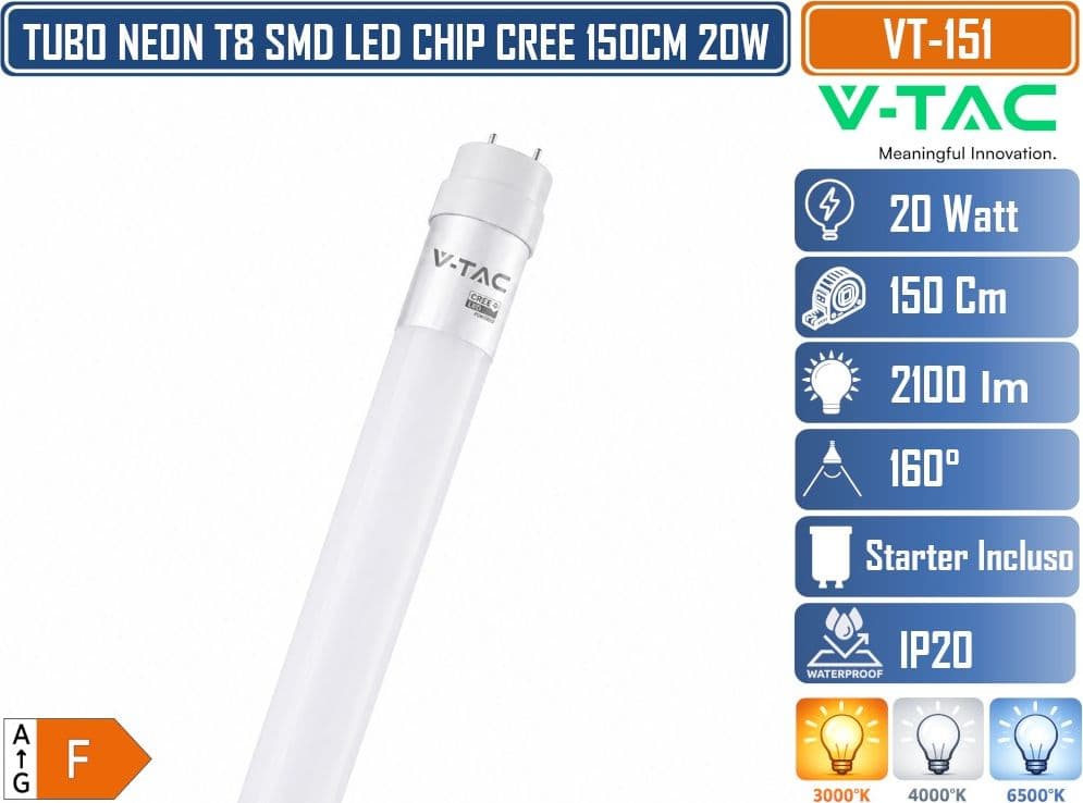 V-TAC VT-151 TUBO LED T8 G13 20W SMD CHIP CREE NANO PLASTIC LAMPADINA 150CM CON STARTER - 3000K 4000K 6500K - 2
