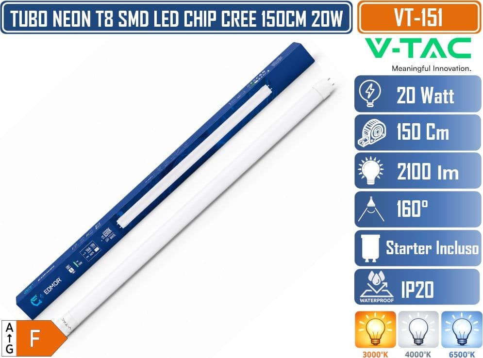 V-TAC VT-151 TUBO LED T8 G13 20W SMD CHIP CREE NANO PLASTIC LAMPADINA 150CM CON STARTER - 3000K 4000K 6500K - 3