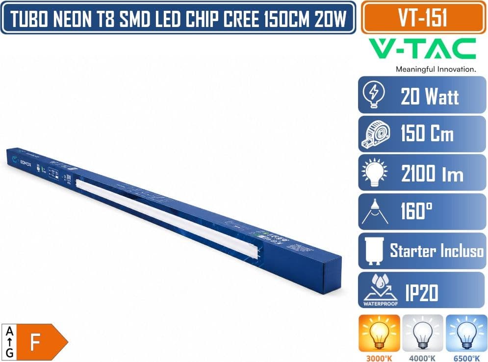V-TAC VT-151 TUBO LED T8 G13 20W SMD CHIP CREE NANO PLASTIC LAMPADINA 150CM CON STARTER - 3000K 4000K 6500K - 4