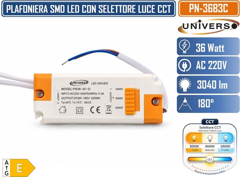 UNIVERSO PN-36B3C PLAFONIERE SMD LED MODERNA 38W DIMMERABILE CON SELETTORE CCT INTEGRATO PER SELEZIONE COLORE LUCE - 4