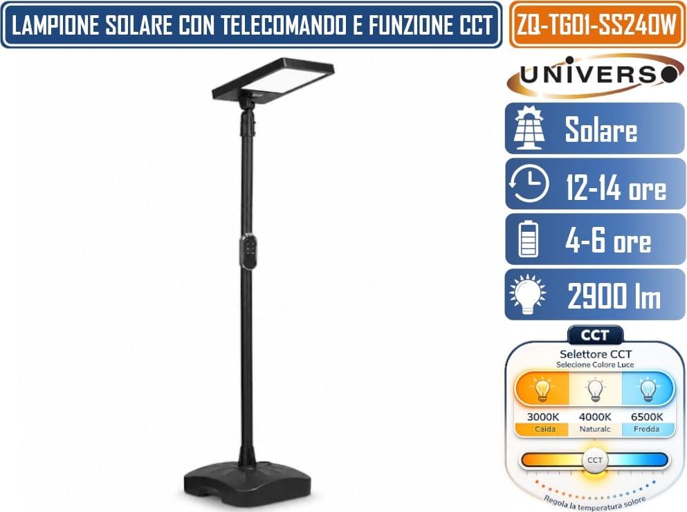 UNIVERSO ZQ-TG01-SS240W LAMPIONE SOLARE SMD LED 290W EQUIVALENTI CON PALO TELECOMANDO E FUNZIONE CCT PER SELEZIONE COLORE LUCE IP54 - 2