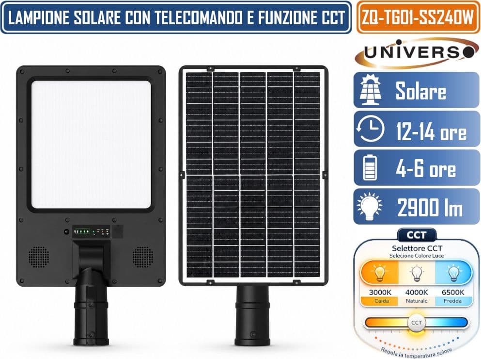UNIVERSO ZQ-TG01-SS240W LAMPIONE SOLARE SMD LED 290W EQUIVALENTI CON PALO TELECOMANDO E FUNZIONE CCT PER SELEZIONE COLORE LUCE IP54 - 4