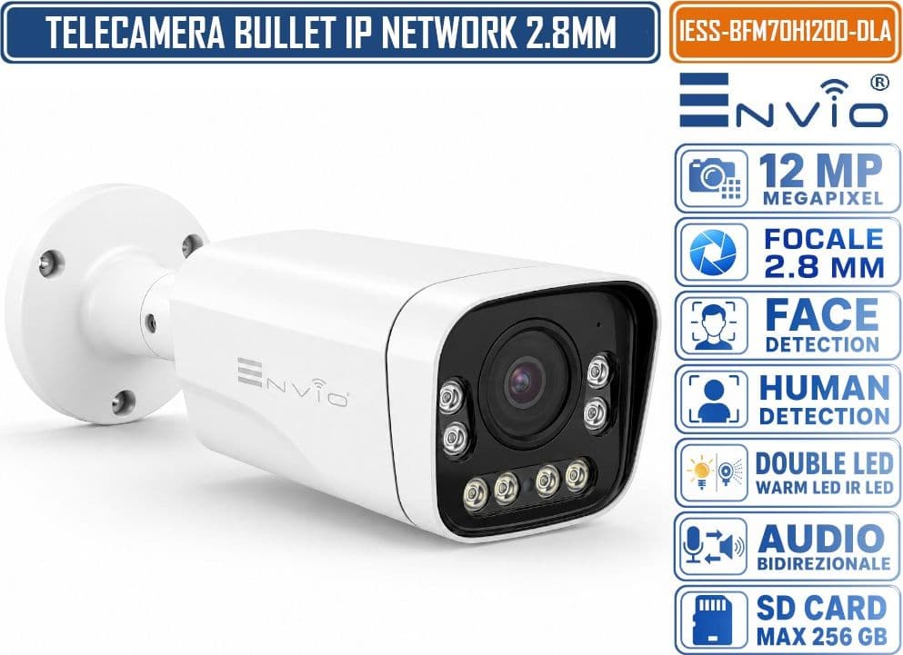 ENVIO IESS-BFM70H1200-DLA TELECAMERA DI RETE IP BULLET 12MP 4.5K UHD CON DOPPIA ILLUMINAZIONE SMART AUDIO BIDIREZIONALE REGISTRAZIONE MICROSD AI IP65