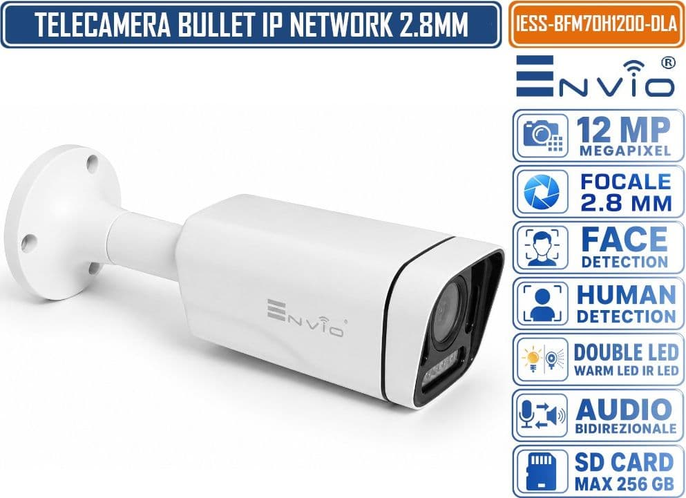 ENVIO IESS-BFM70H1200-DLA TELECAMERA DI RETE IP BULLET 12MP 4.5K UHD CON DOPPIA ILLUMINAZIONE SMART AUDIO BIDIREZIONALE REGISTRAZIONE MICROSD AI IP65 - 2