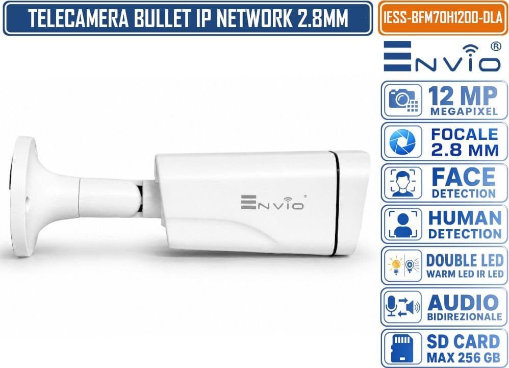ENVIO IESS-BFM70H1200-DLA TELECAMERA DI RETE IP BULLET 12MP 4.5K UHD CON DOPPIA ILLUMINAZIONE SMART AUDIO BIDIREZIONALE REGISTRAZIONE MICROSD AI IP65 - 3