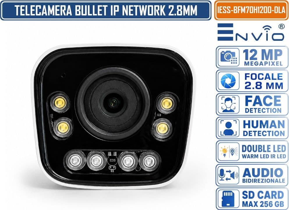 ENVIO IESS-BFM70H1200-DLA TELECAMERA DI RETE IP BULLET 12MP 4.5K UHD CON DOPPIA ILLUMINAZIONE SMART AUDIO BIDIREZIONALE REGISTRAZIONE MICROSD AI IP65 - 4