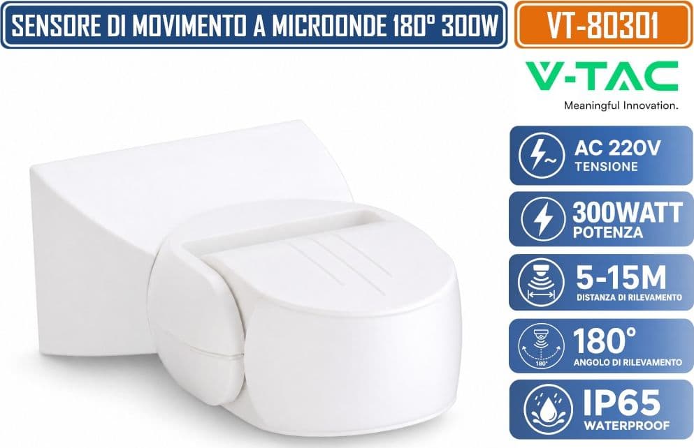 V-TAC 80301 SENSORE DI MOVIMENTO A MICROONDE RILEVAMENTO FINO A 15MT 180° 300W DA ESTERNO IP65 - SKU 23164 - 2