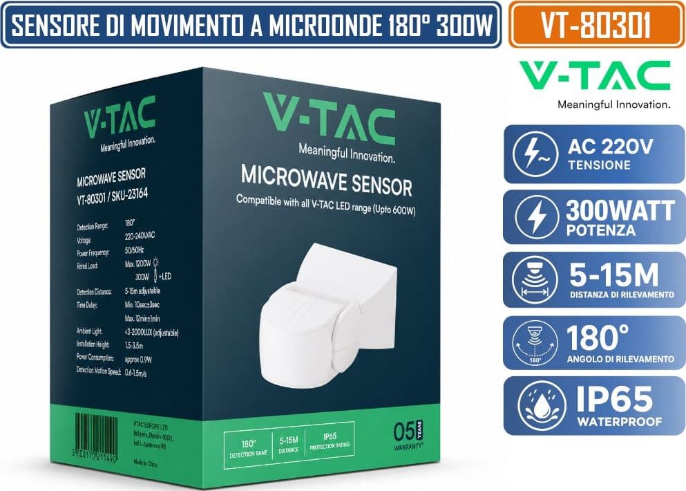 V-TAC 80301 SENSORE DI MOVIMENTO A MICROONDE RILEVAMENTO FINO A 15MT 180° 300W DA ESTERNO IP65 - SKU 23164 - 3