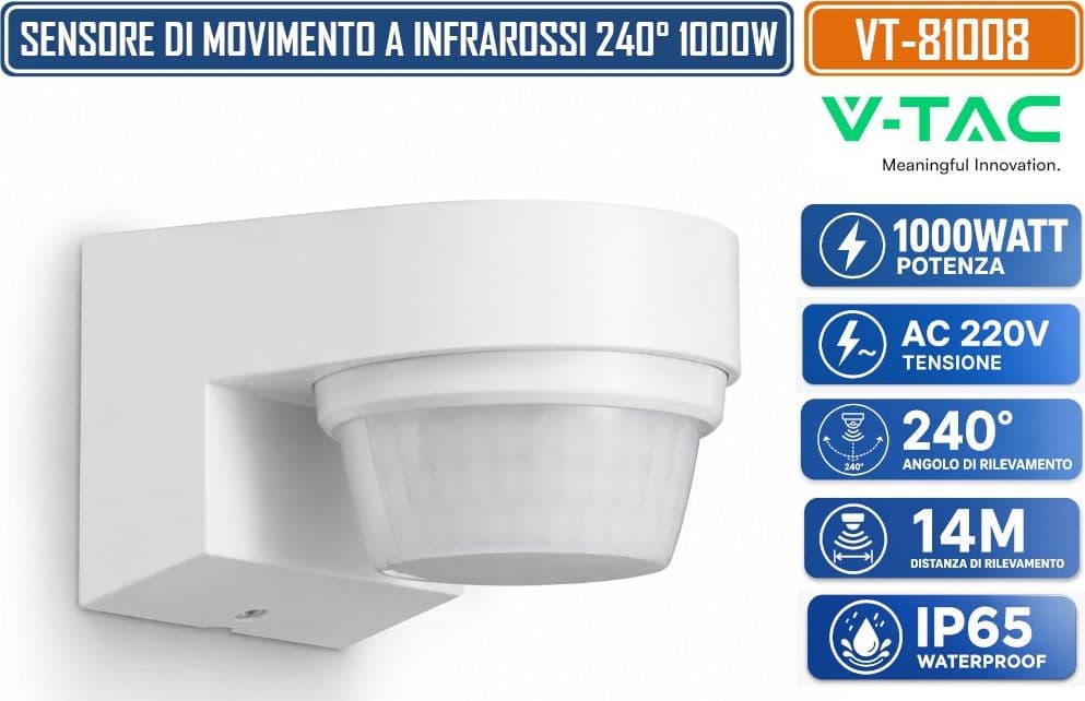 V-TAC VT-81008 SENSORE DI MOVIMENTO PIR INFRAROSSI RILEVAMENTO FINO A 14MT 240° 1000W DA ESTERNO IP65 - SKU 24111 - 2