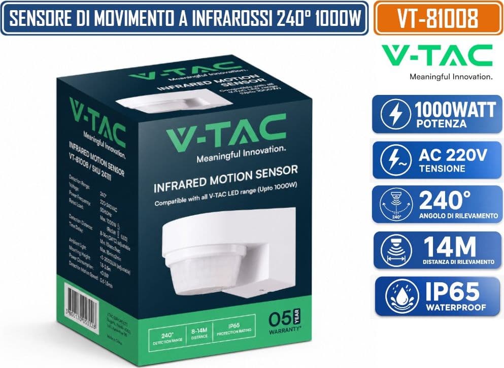 V-TAC VT-81008 SENSORE DI MOVIMENTO PIR INFRAROSSI RILEVAMENTO FINO A 14MT 240° 1000W DA ESTERNO IP65 - SKU 24111 - 3