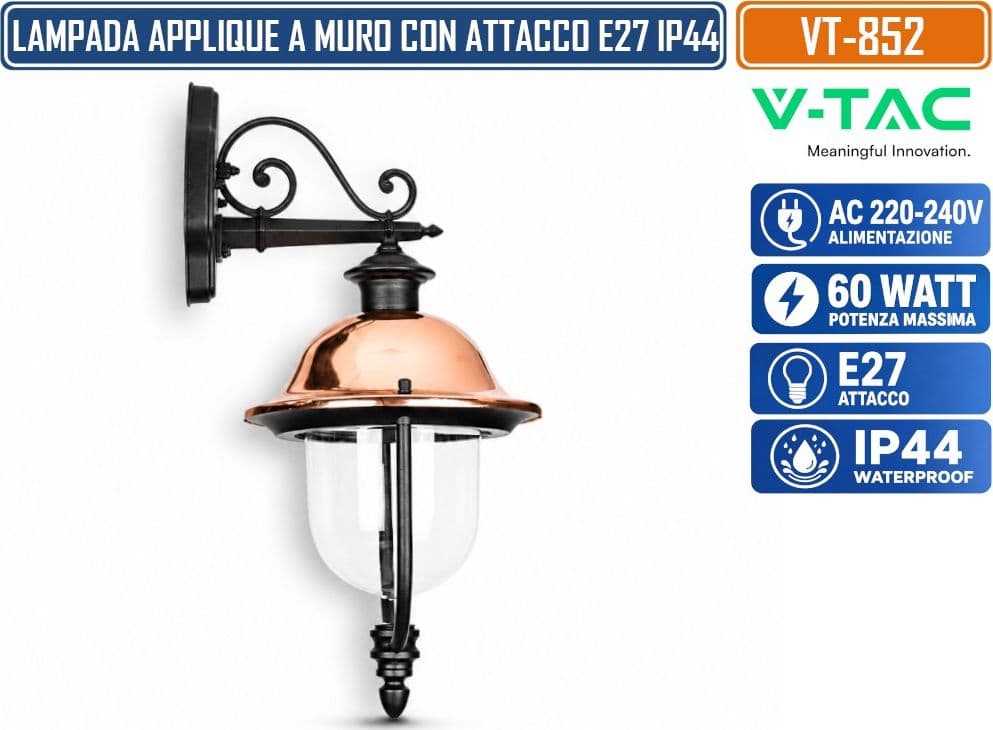 V-TAC VT-852 APPLIQUE LAMPADA DA ESTERNO E27 NERA RAME IP44 60W MAX IN ALLUMINIO E VETRO - SKU 7531 - 2