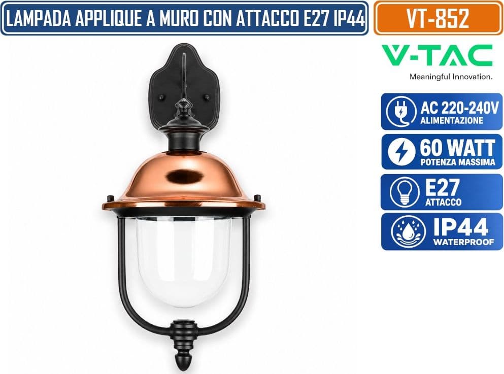 V-TAC VT-852 APPLIQUE LAMPADA DA ESTERNO E27 NERA RAME IP44 60W MAX IN ALLUMINIO E VETRO - SKU 7531 - 3