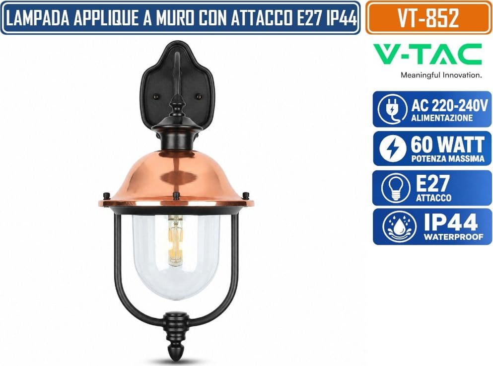 V-TAC VT-852 APPLIQUE LAMPADA DA ESTERNO E27 NERA RAME IP44 60W MAX IN ALLUMINIO E VETRO - SKU 7531 - 4