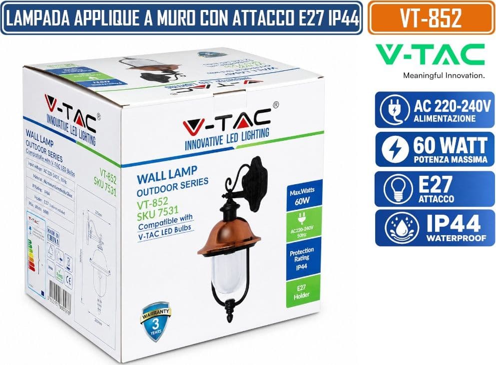 V-TAC VT-852 APPLIQUE LAMPADA DA ESTERNO E27 NERA RAME IP44 60W MAX IN ALLUMINIO E VETRO - SKU 7531 - 5